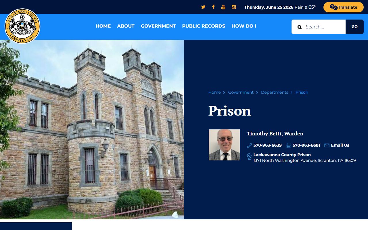 Lackawanna County Prison page showing warden, address, phone, and mail notice