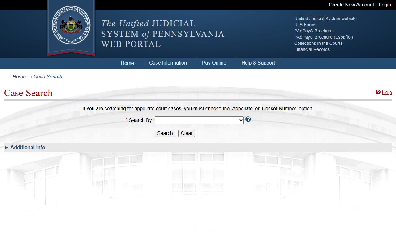 Susquehanna County court records after arrest UJS Case Search form