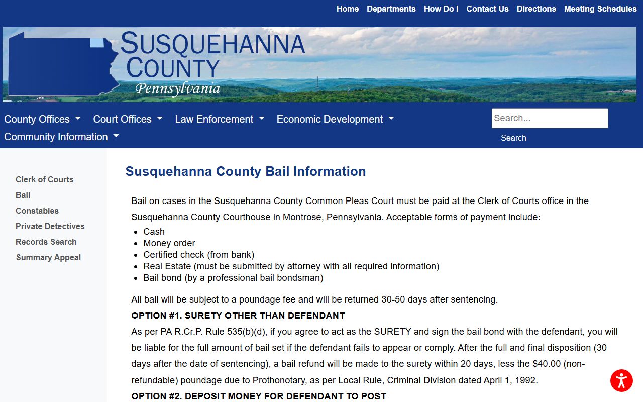 Susquehanna County bail page for court records after jail arrest