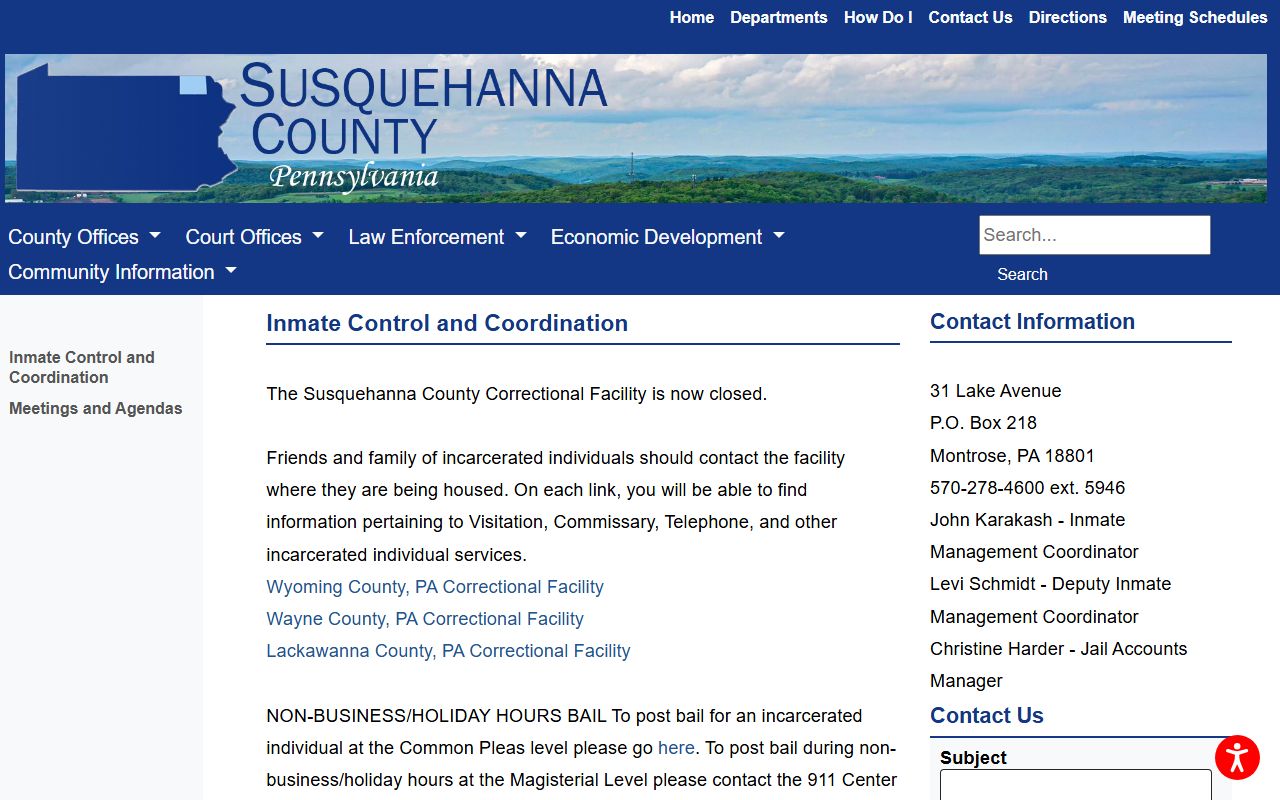 Susquehanna County inmate population closure notice and partner facility links