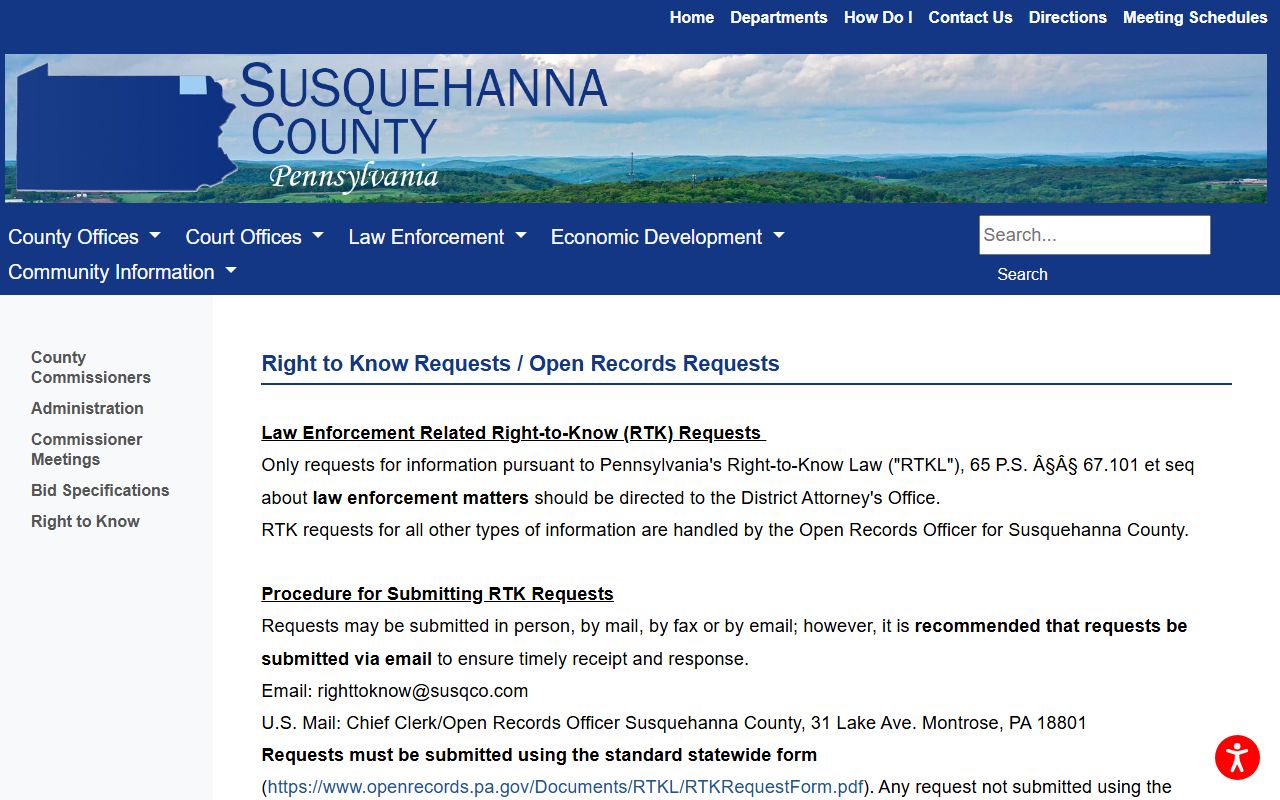 Susquehanna County inmate records Right-to-Know request page and upload fields