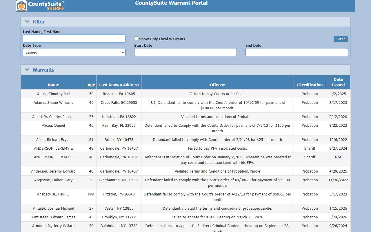 Susquehanna County jail mugshots warrant portal without booking photo fields