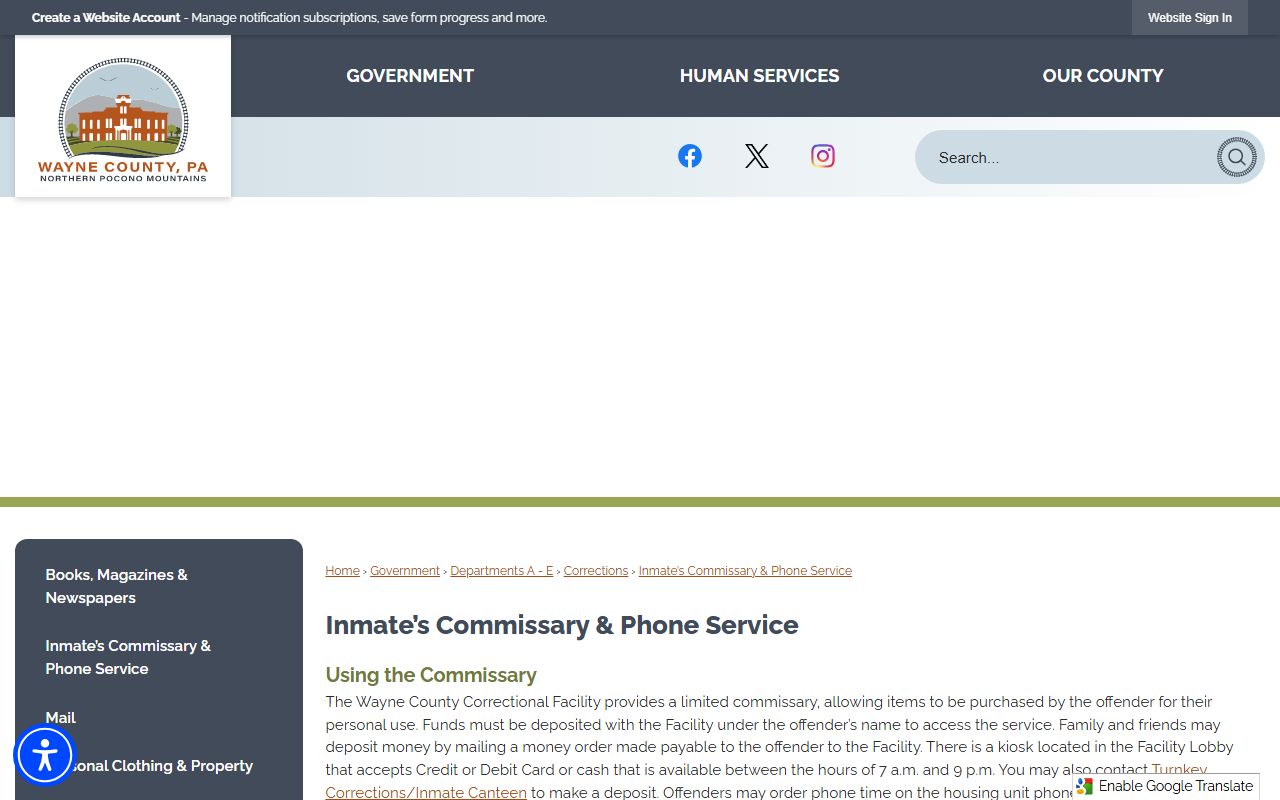 Wayne County commissary and phone service page showing kiosk, Inmate Canteen, and Lattice information