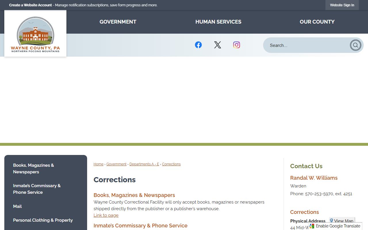 Wayne County Corrections page showing facility contact details and correctional service links