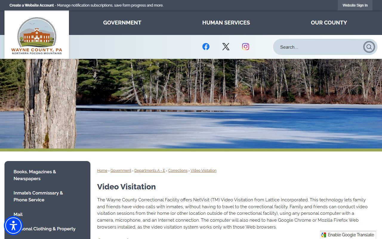 Wayne County video visitation page describing NetVisit by Lattice and SmartJailMail scheduling