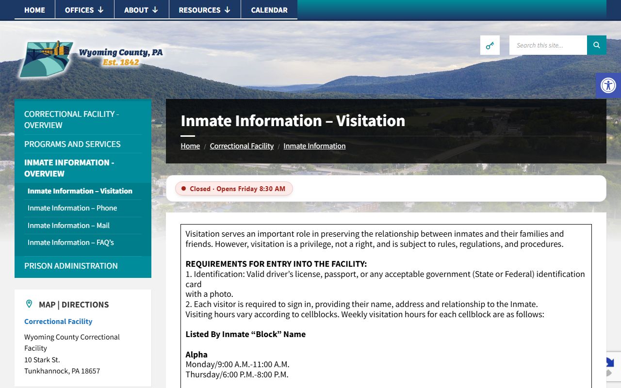 Wyoming County Correctional Facility visitation schedule for inmate records